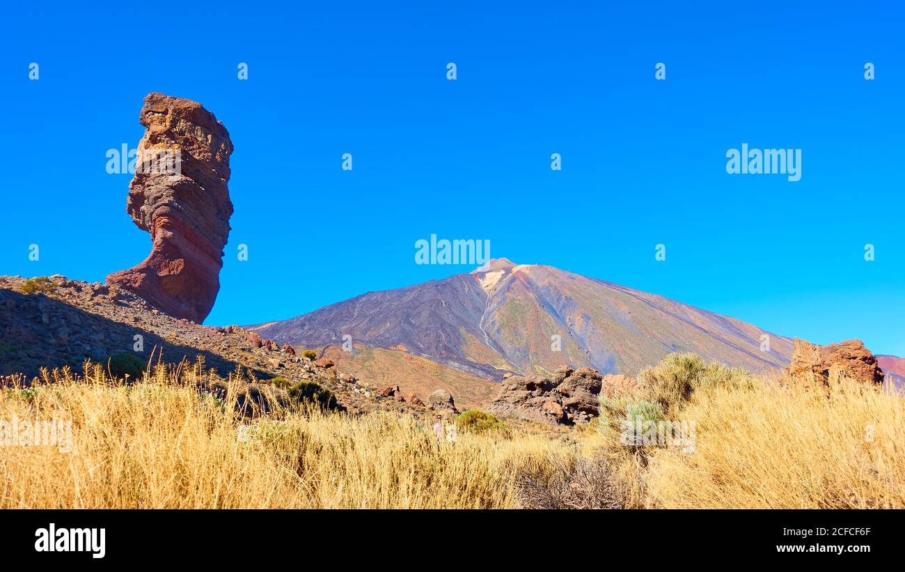Panoramic view of The Teide volcano and The Cinchado rock in Tenerife, Canary Islands, Spain. Landscape Stock Photo