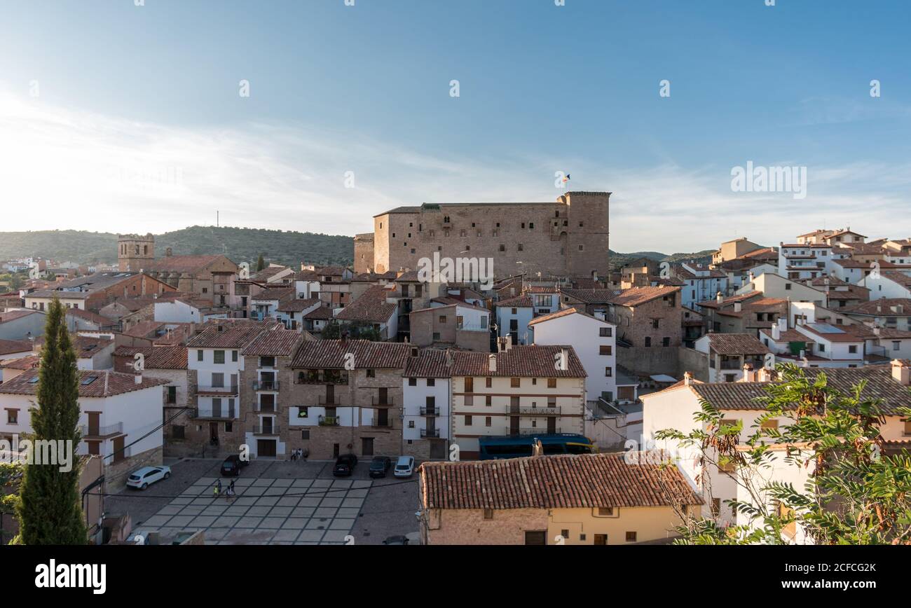 Mora de Rubielos Castle lighting in Teruel Spain Gudar Sierra sunset view panorama Stock Photo