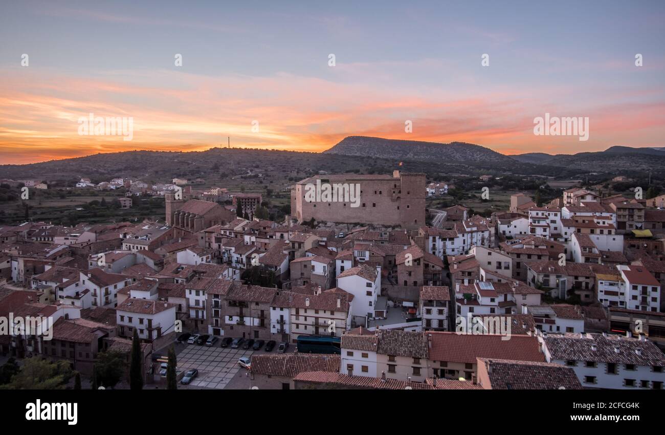 Mora de Rubielos Castle lighting in Teruel Spain Gudar Sierra sunset view panorama lights Stock Photo