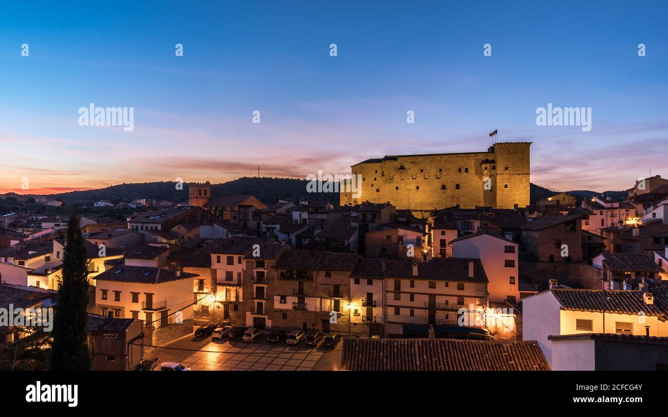 Mora de Rubielos Castle lighting in Teruel Spain Gudar Sierra night view panorama lights Stock Photo