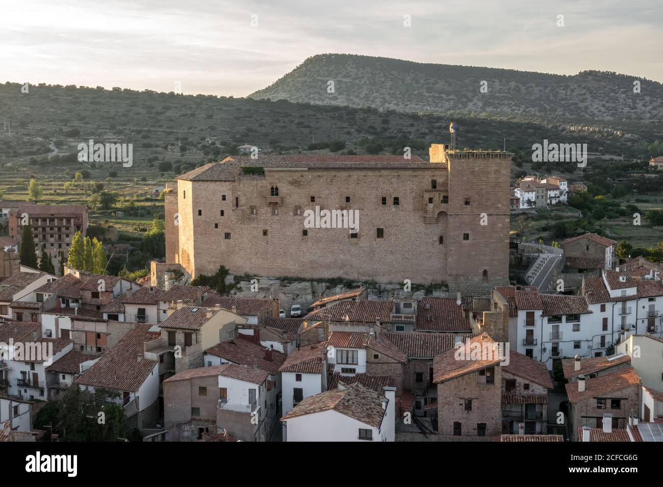 Mora de Rubielos Castle lighting in Teruel Spain Gudar Sierra sunset view panorama Stock Photo