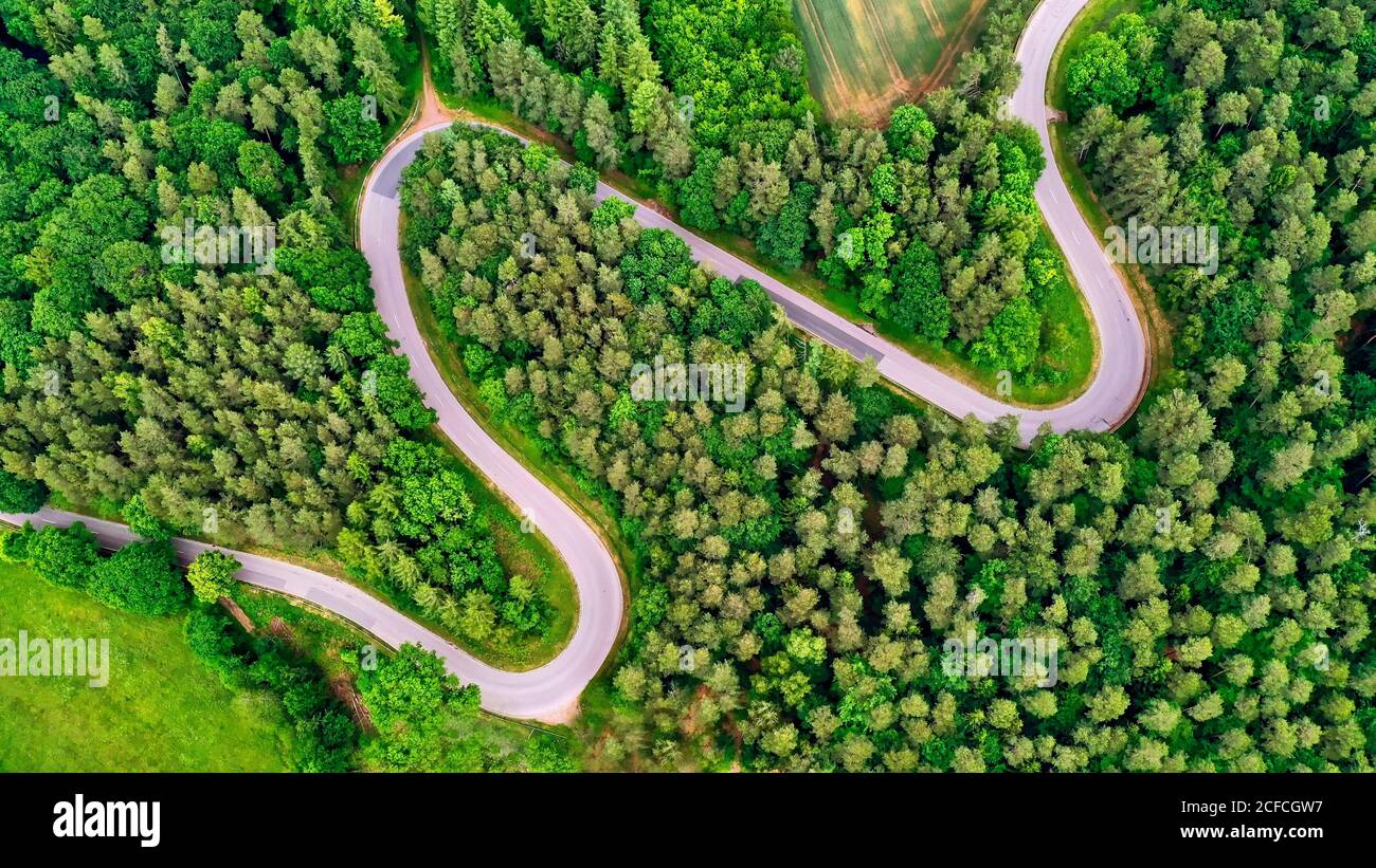 Serpentine road, aerial view, Trassem, Rhineland-Palatinate, Germany Stock Photo
