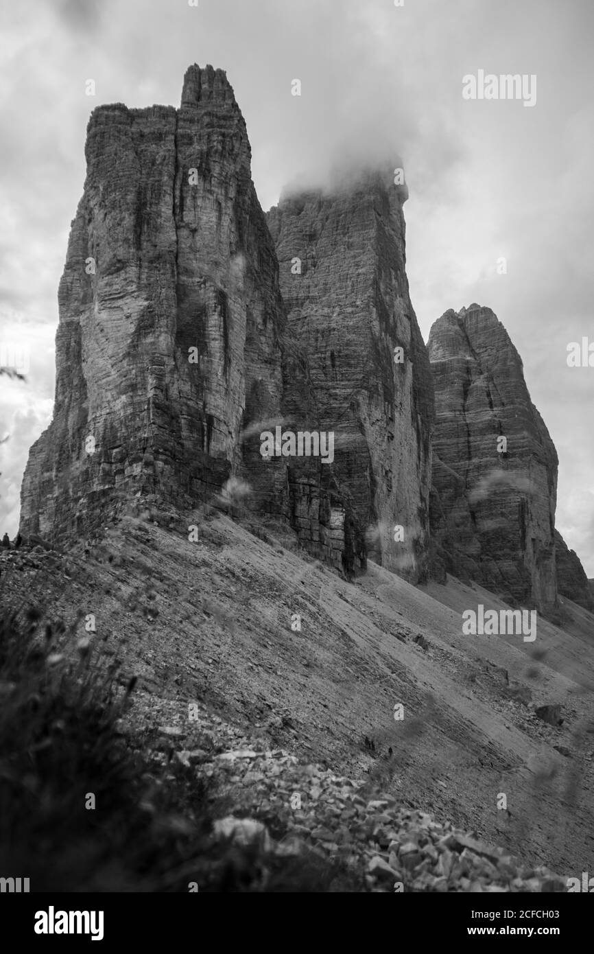 Summit of tre cime di lavaredo in the dolomites Black and White Stock ...