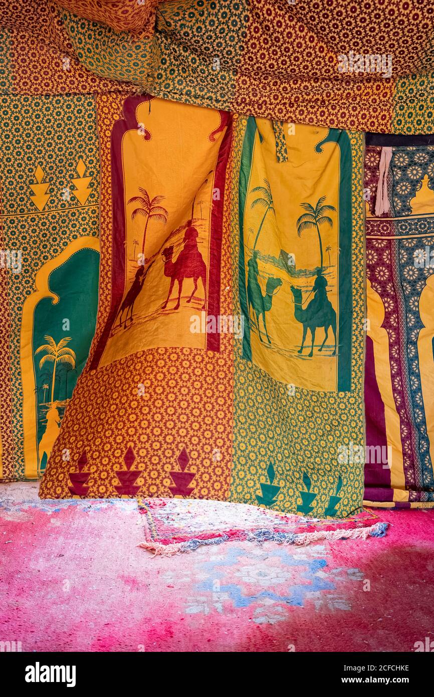 desert tent near Rissani, interior, Morocco, opening, beckon, mystery, allure, exotic enrtance, exit Stock Photo