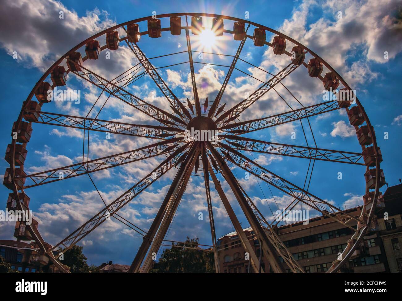 Budapest, Hungary, Aug 2019, close up of the ferris wheel on Erzsébet Square Stock Photo