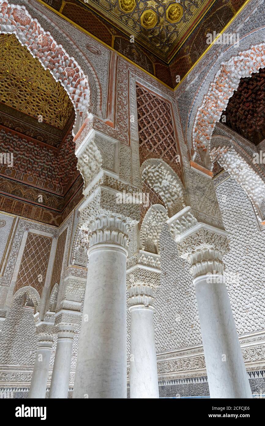 architecture, carved wood ceiling, creative, decorative alabaster, marble columns, Marrakech, Morocco, Saadian Tombs, Islamic, Arabic, religion, Stock Photo