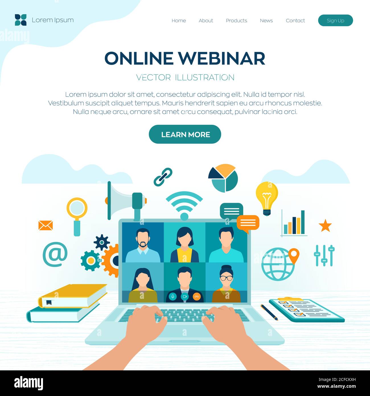 Webinar. Internet conference. Web based seminar. Distance Learning. E-learning Training business concept. Video tutorials and courses. Online meeting Stock Vector