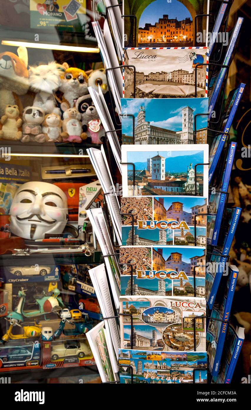 Souvenir, postcard, window display, Lucca, Tuscany, Italy Stock Photo