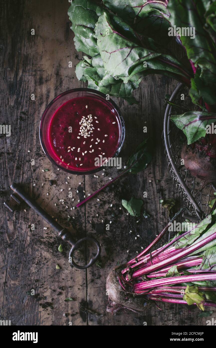 Beetroot and fresh smoothie on wooden table Stock Photo