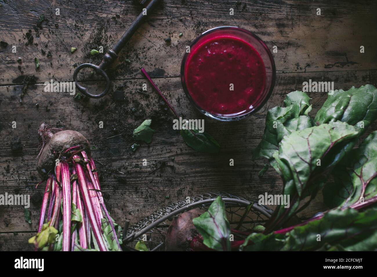 Beetroot and fresh smoothie on wooden table Stock Photo