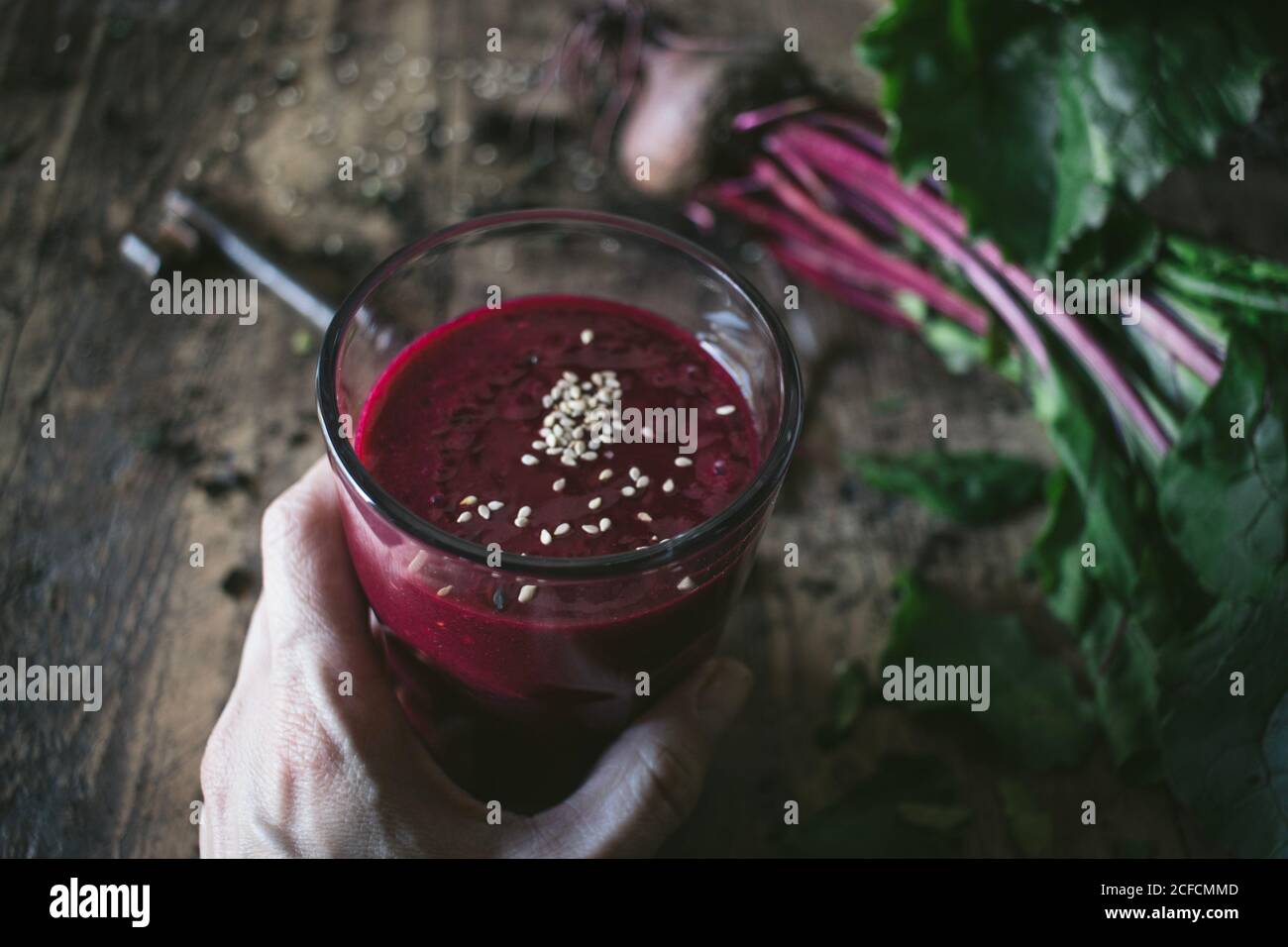Beetroot and fresh smoothie on wooden table Stock Photo