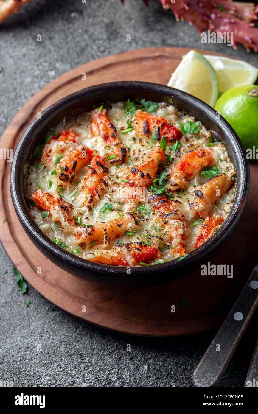 Chilean food. Baked crabmeat crab meat with cheese, cream and bread ...