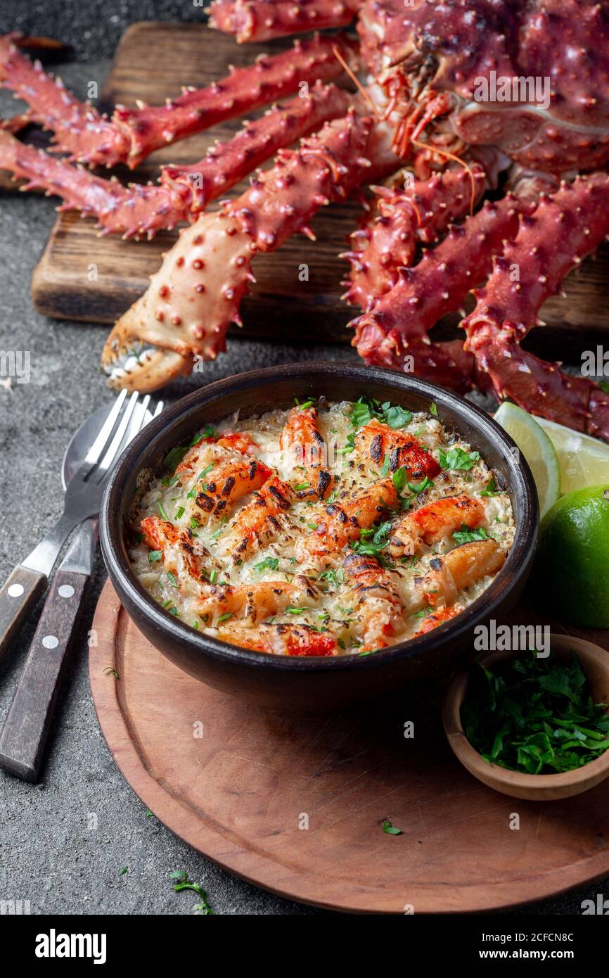 Chilean food. Baked crabmeat crab meat with cheese, cream and bread ...