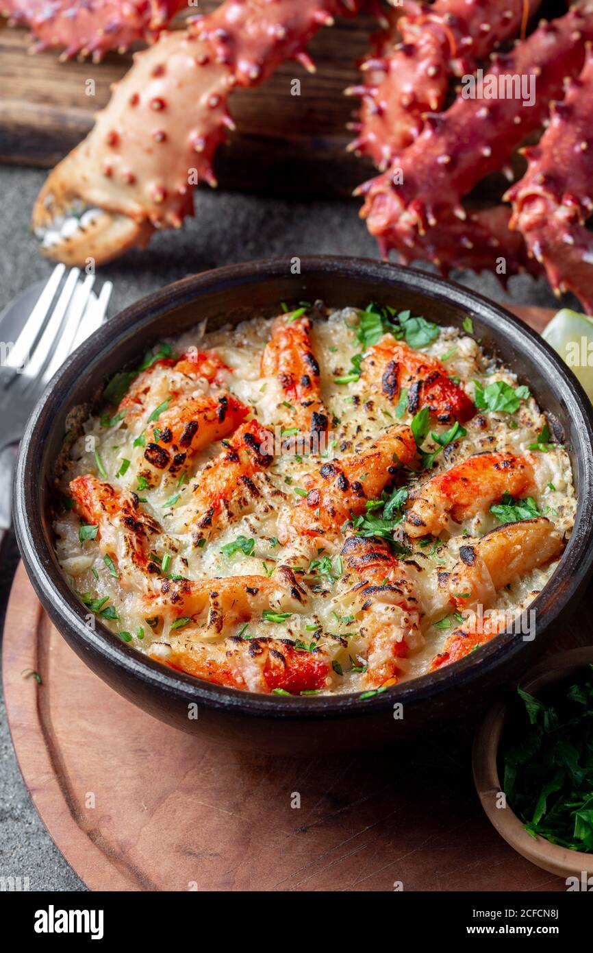 Chilean food. Baked crabmeat crab meat with cheese, cream and bread ...