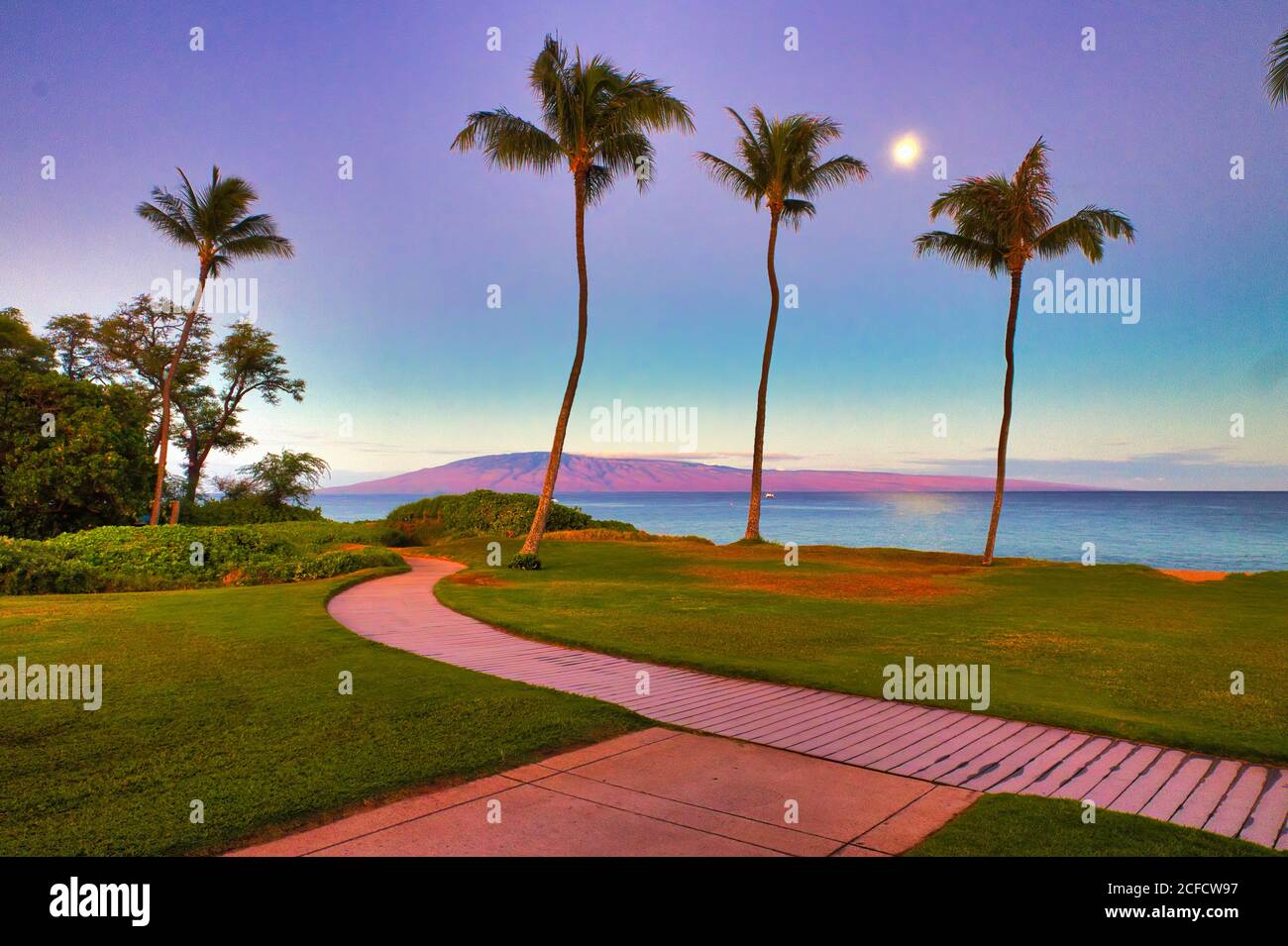 Full moon setting over Lanai at Airport Beach on Maui with palm trees