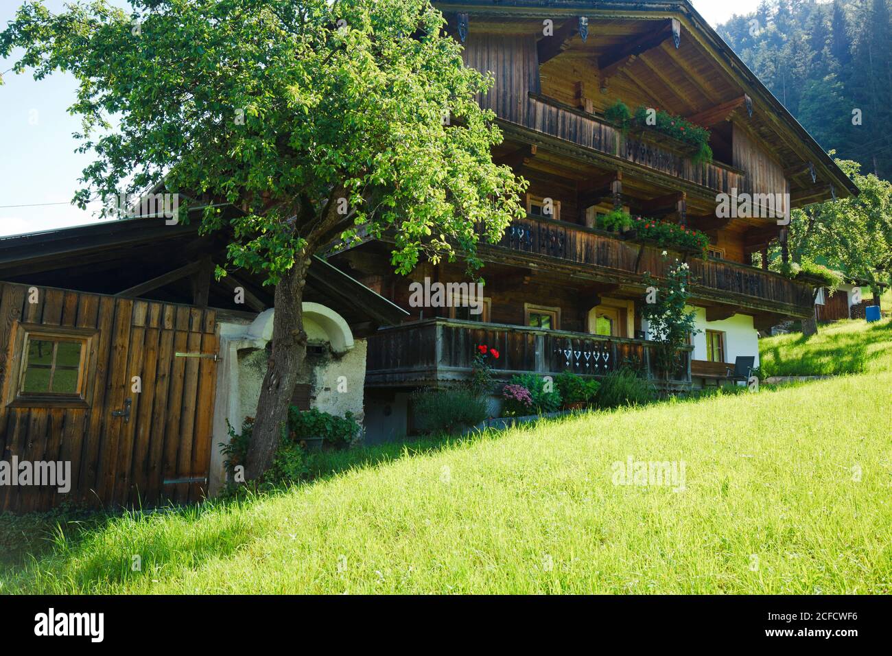 three-story mountain farm on a steep slope in the Alpbachtal Tirol region Stock Photo