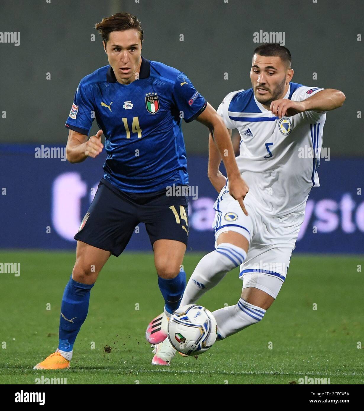 Florence. 5th Sep, 2020. Italy's Federico Chiesa (L) vies with Bosnia and Herzegovina's Sead Kolasinac during a UEFA Nations League match between Italy and Bosnia and Herzegovina in Florence, Italy, Sept. 4, 2020. Credit: Xinhua/Alamy Live News Stock Photo