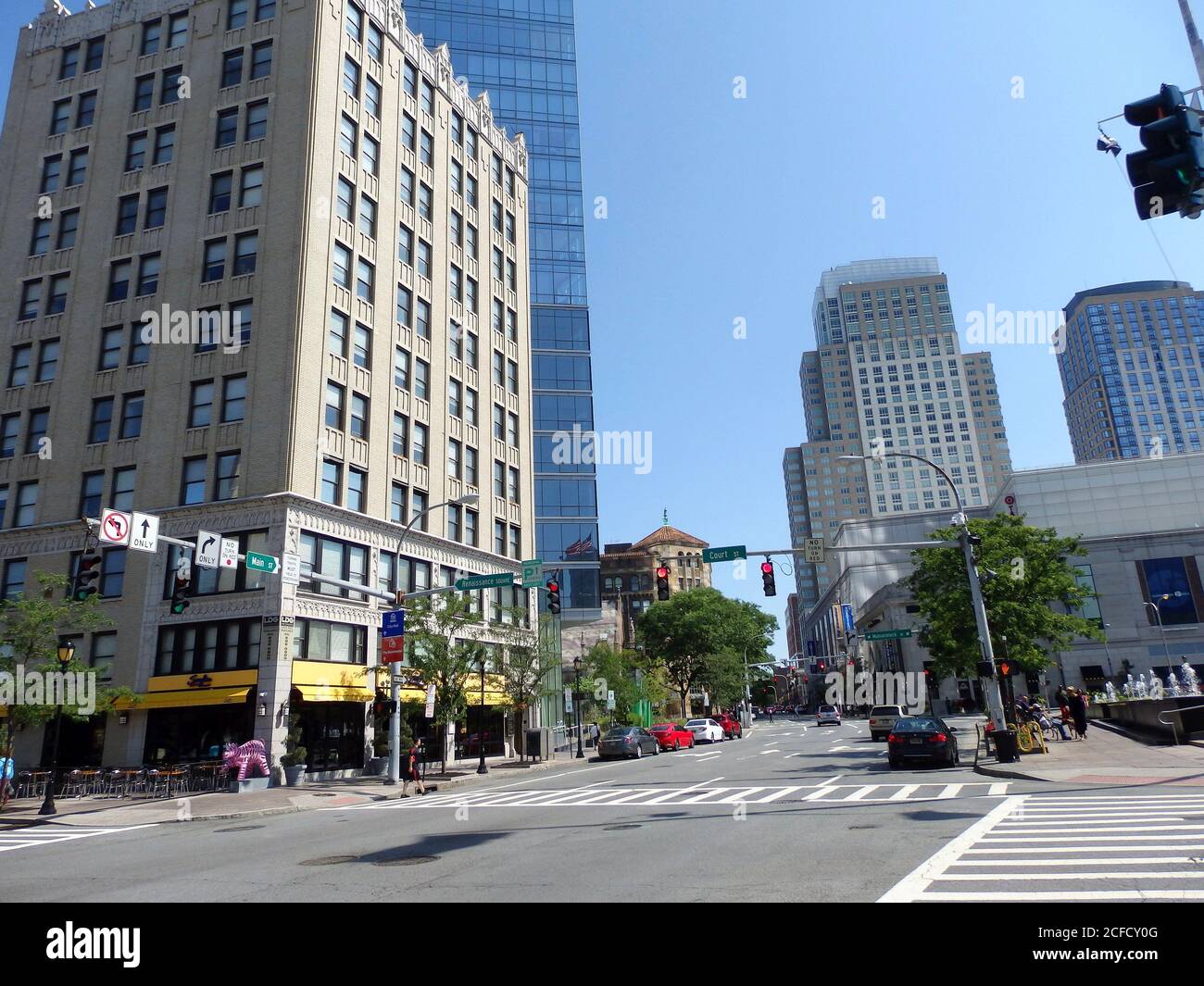 A City street on a clear sunny day in White Plains, New York State, United States Stock Photo