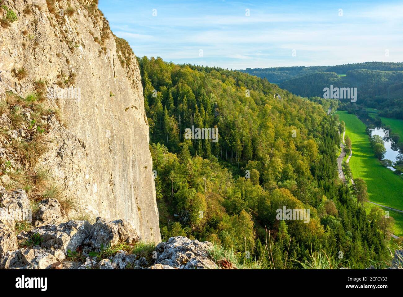 Germany, Baden-Württemberg, Beuron-Thiergarten, view from the Rabenfelsen into the Danube valley at Thiergarten. Stock Photo