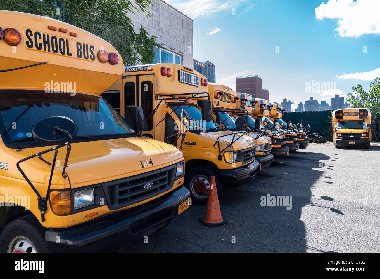 New York, NY - September 4, 2020: View of idle school busses