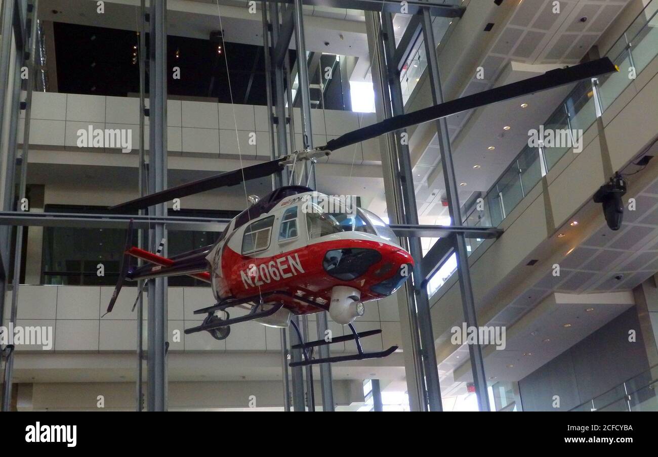 The KXAS 5 News, Bell 206B JetRanger II helicopter hanging in Newseum, Washington DC Stock Photo
