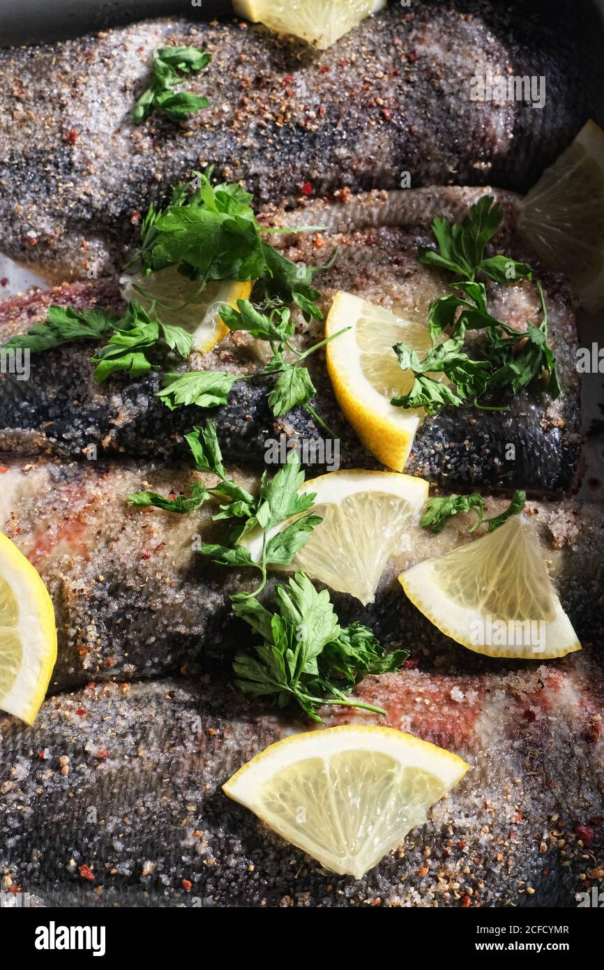 Chum salmon with spice and lemon Stock Photo