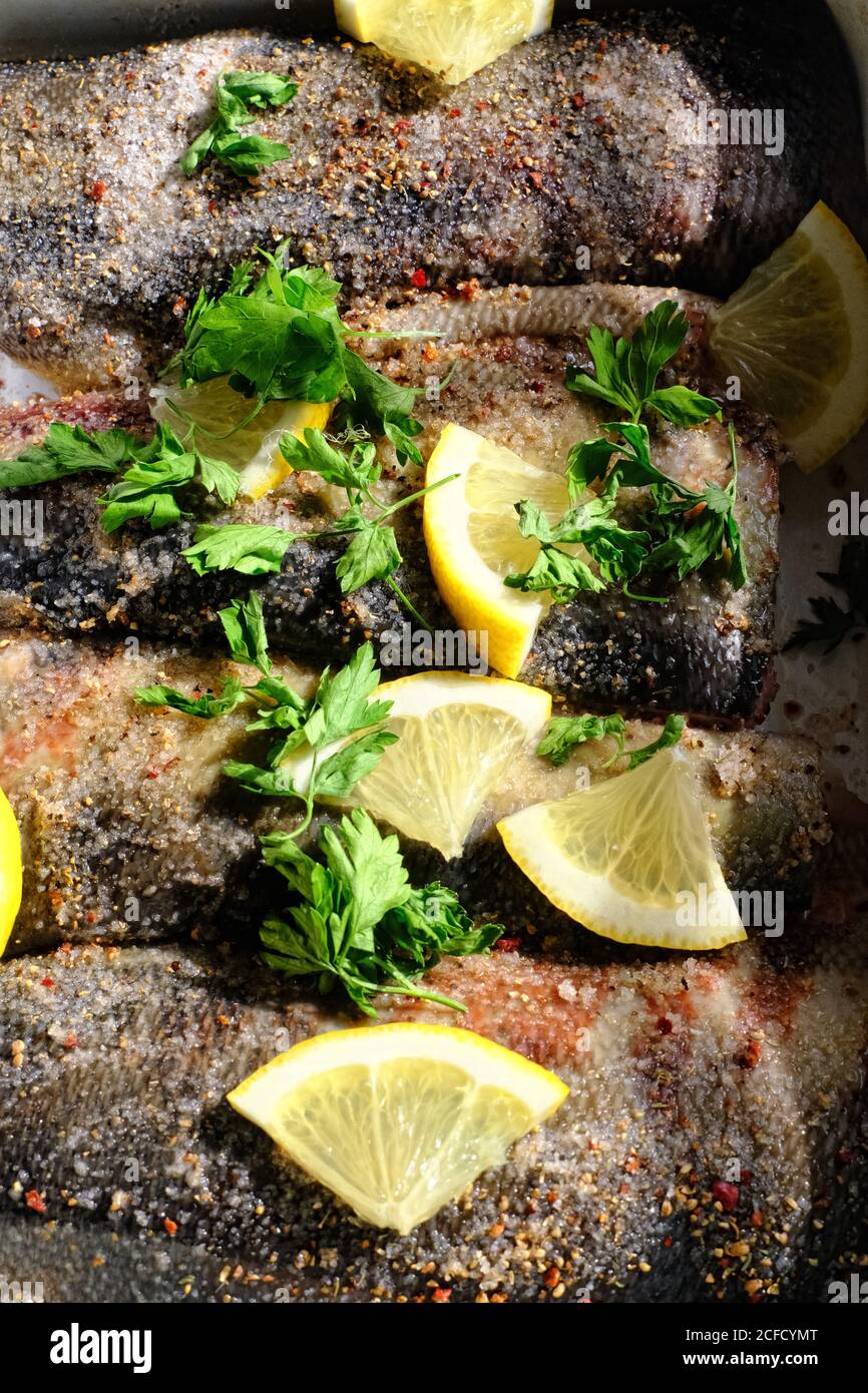 Chum salmon with spice and lemon Stock Photo