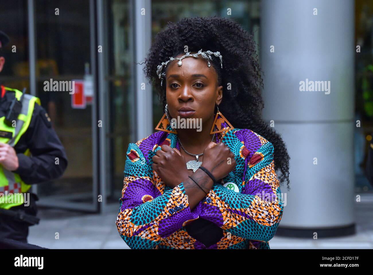 London, UK. 04th Sep, 2020. Marvina Newton joins Extinction Rebellion environmental activists outside the Black Rock offices during an Extinction Rebellion 'Walk of Shame' from the Bank of England to protest against the companies and institutions that profited from the slave trade or are financing and insuring major fossil fuel projects. Credit: SOPA Images Limited/Alamy Live News Stock Photo