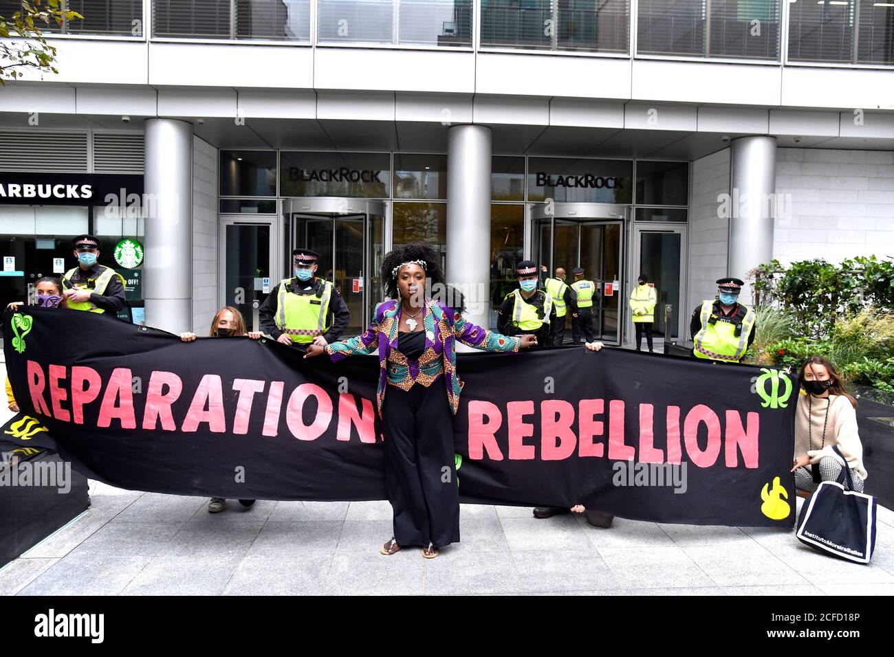 London, UK. 04th Sep, 2020. Marvina Newton joins Extinction Rebellion environmental activists outside the Black Rock offices during an Extinction Rebellion 'Walk of Shame' from the Bank of England to protest against the companies and institutions that profited from the slave trade or are financing and insuring major fossil fuel projects. Credit: SOPA Images Limited/Alamy Live News Stock Photo