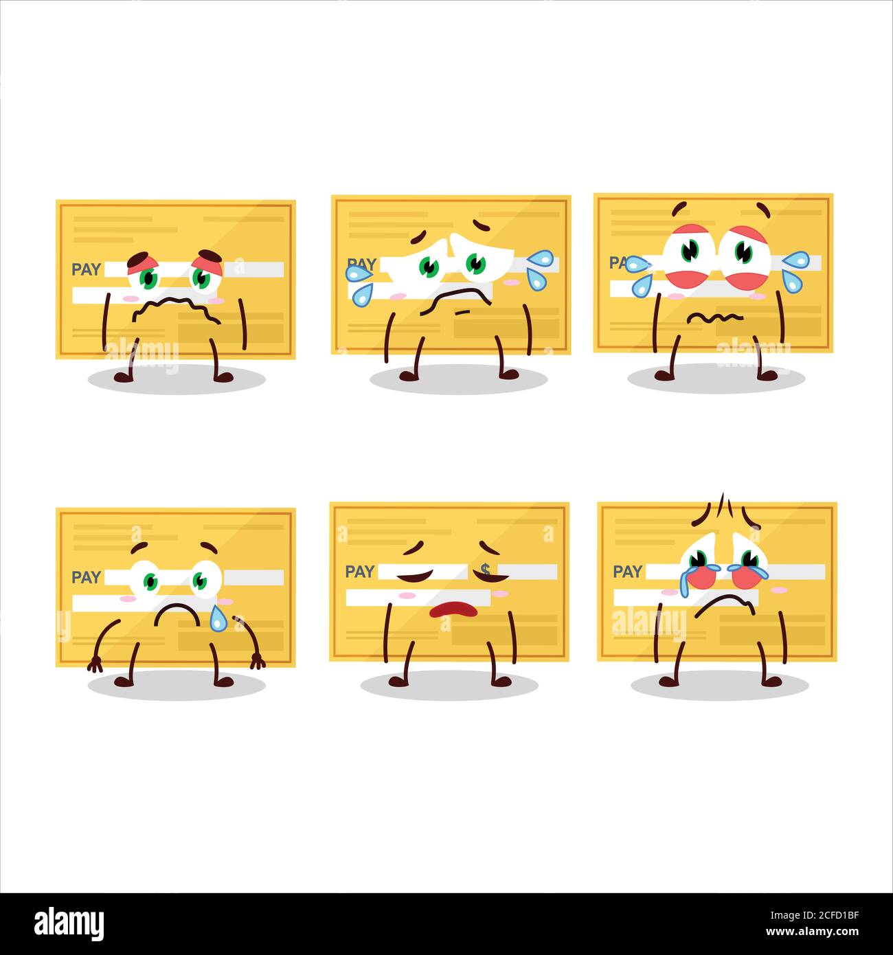 Payment check paper cartoon character with sad expression Stock Vector