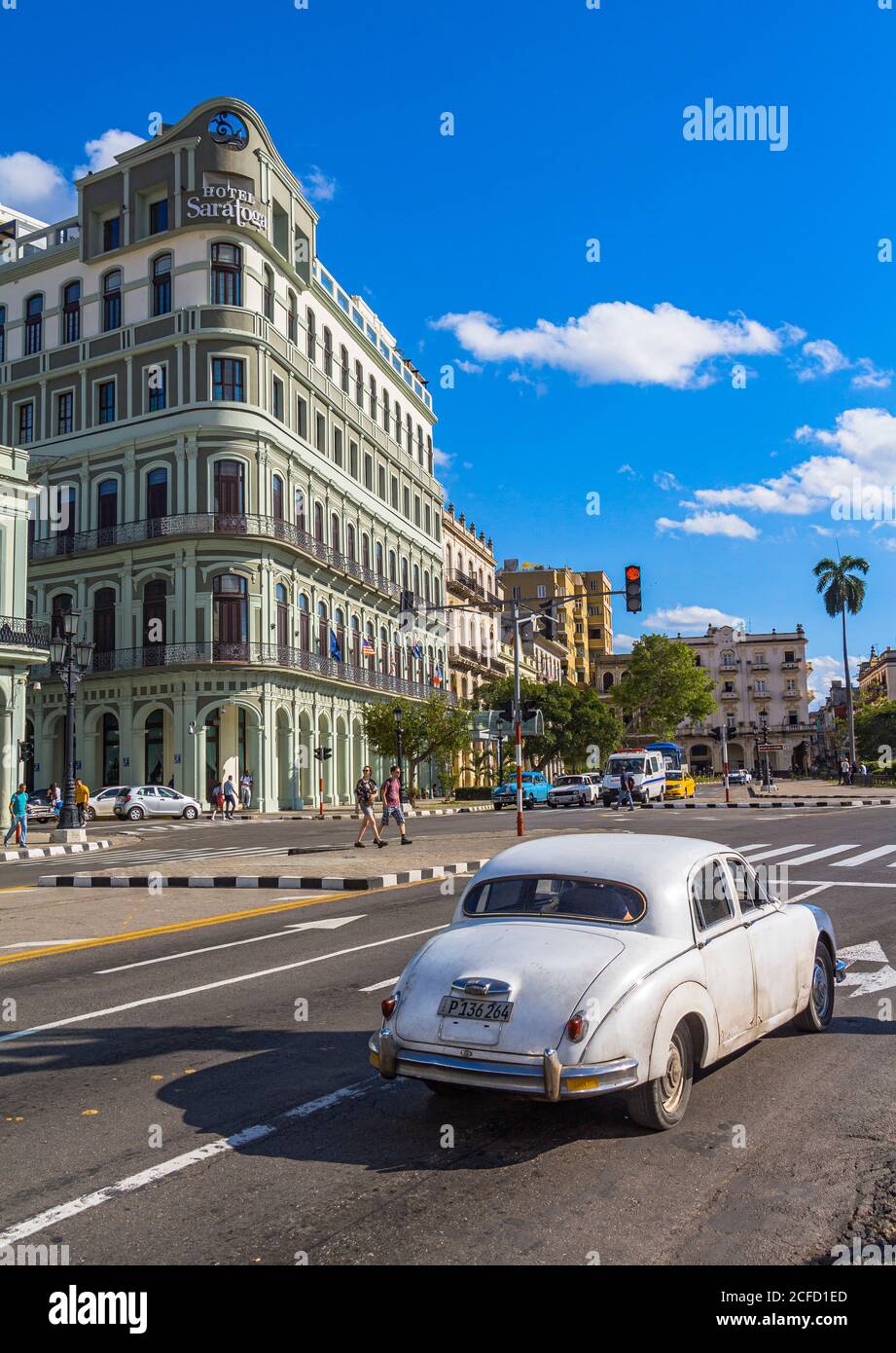 Street in front of Capitol building with white vintage car, Old Havana, Cuba Stock Photo