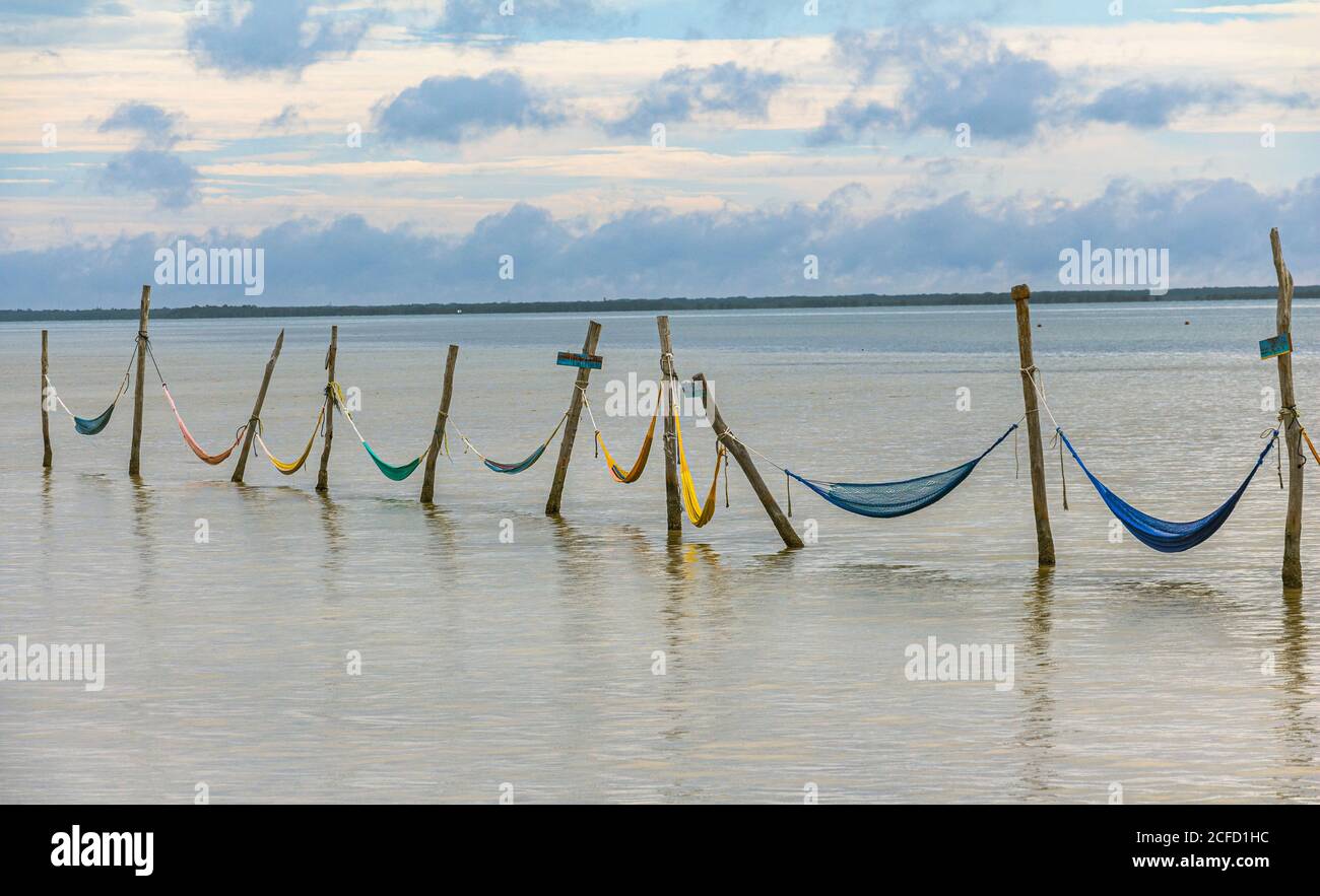 Hammocks over the water on Isla Holbox, Quintana Roo, Yucatan Peninsula, Mexico Stock Photo Alamy