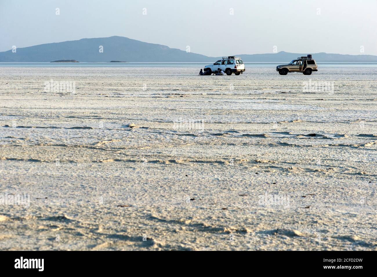 Off-road vehicles looking lost on the salt crust of the Assale Salt Lake over 100 m below sea level, Danakil Depression, Afar Triangle, Ethiopia Stock Photo