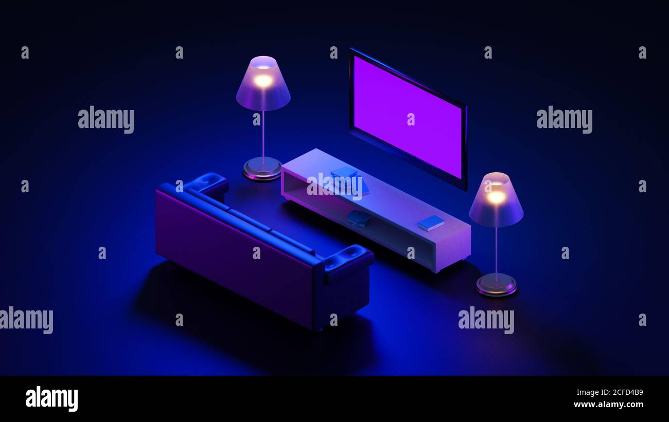 3d rendering isometric dark living room with couch, television, shelf ...