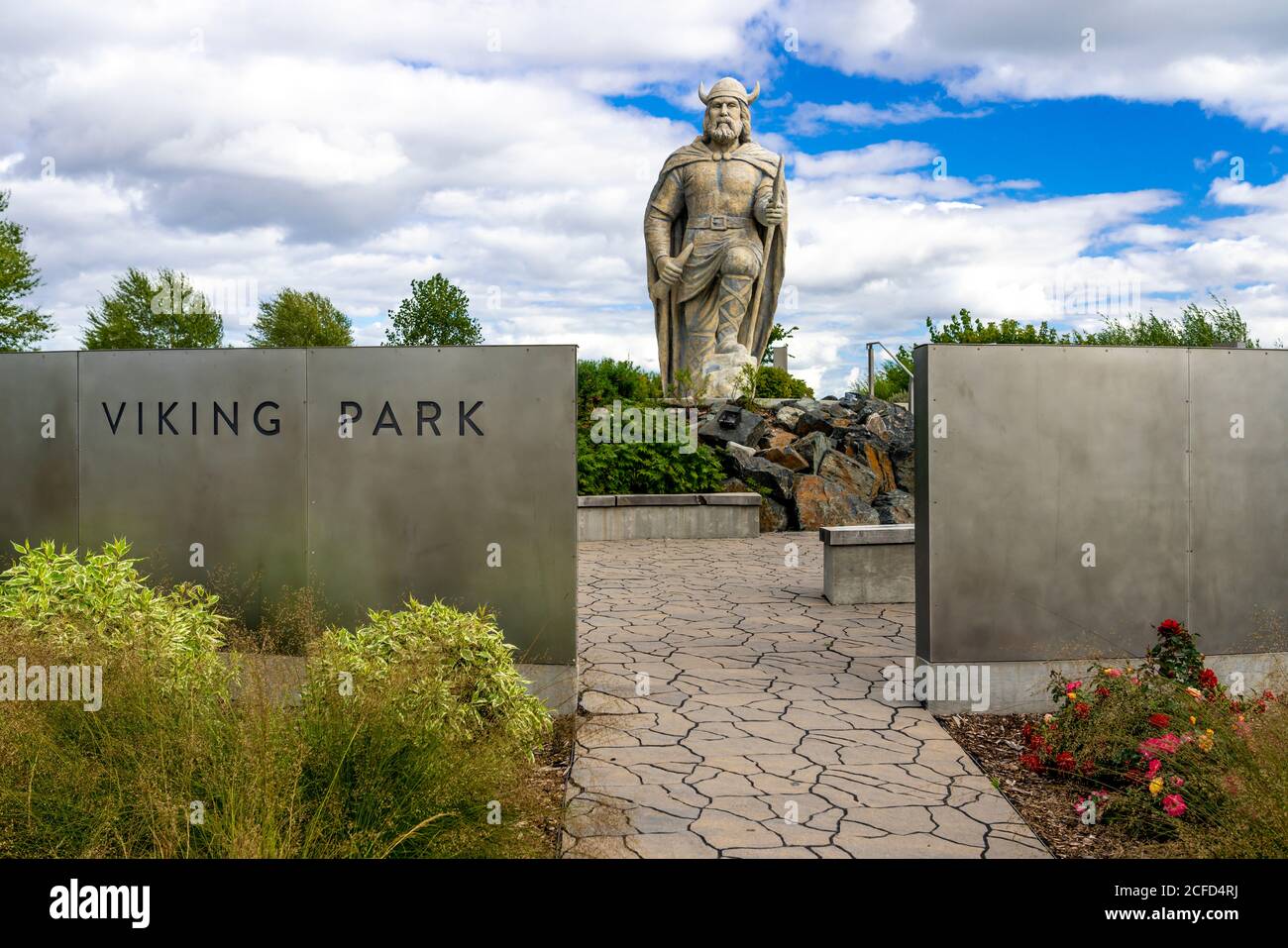 The Viking Statue and gardens in Gimli, Manitoba, Canada Stock Photo