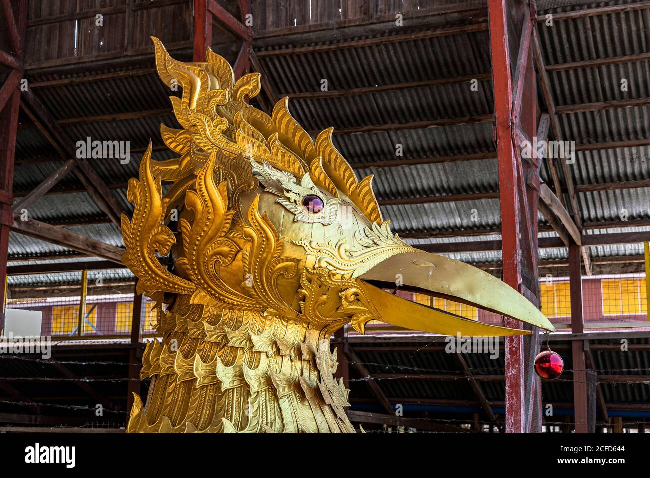 Golden bird head in the Royal Barge Museum at Phaung Daw Oo Pagoda on Inle Lake, Heho, Myanmar Stock Photo