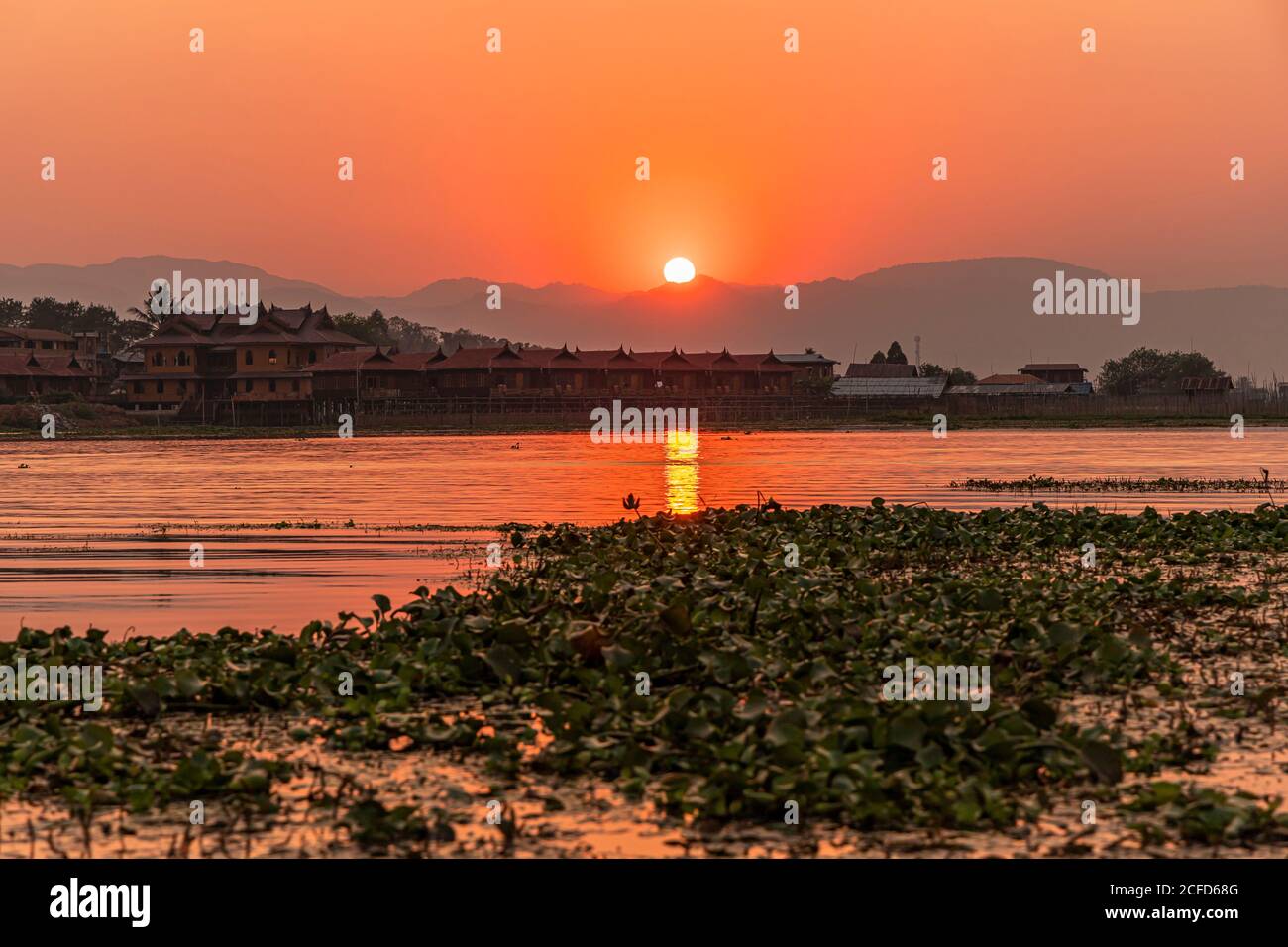 Inle Lake at sunset on boat trip, Nyaung Shwe, Myanmar Stock Photo