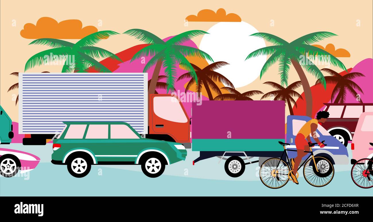 African American cyclists are riding bicycles past by traffic jam on the beach road with palms. Cartoon , flat design. Stock Photo