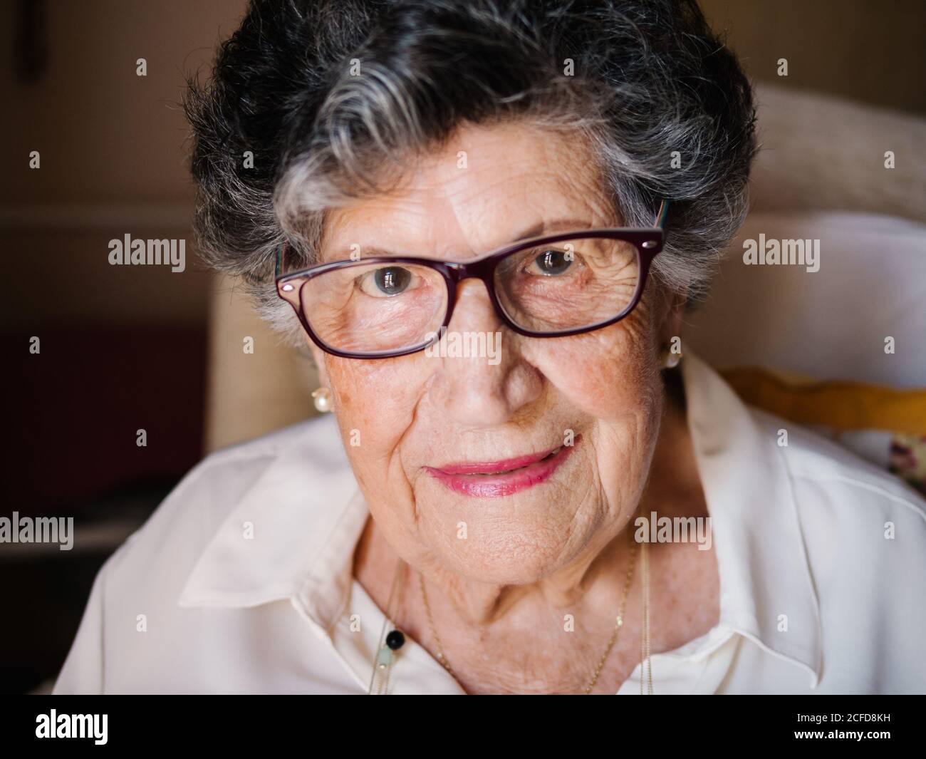 Smiling aged curly gray haired female in glasses with pink lips looking at camera in apartment Stock Photo