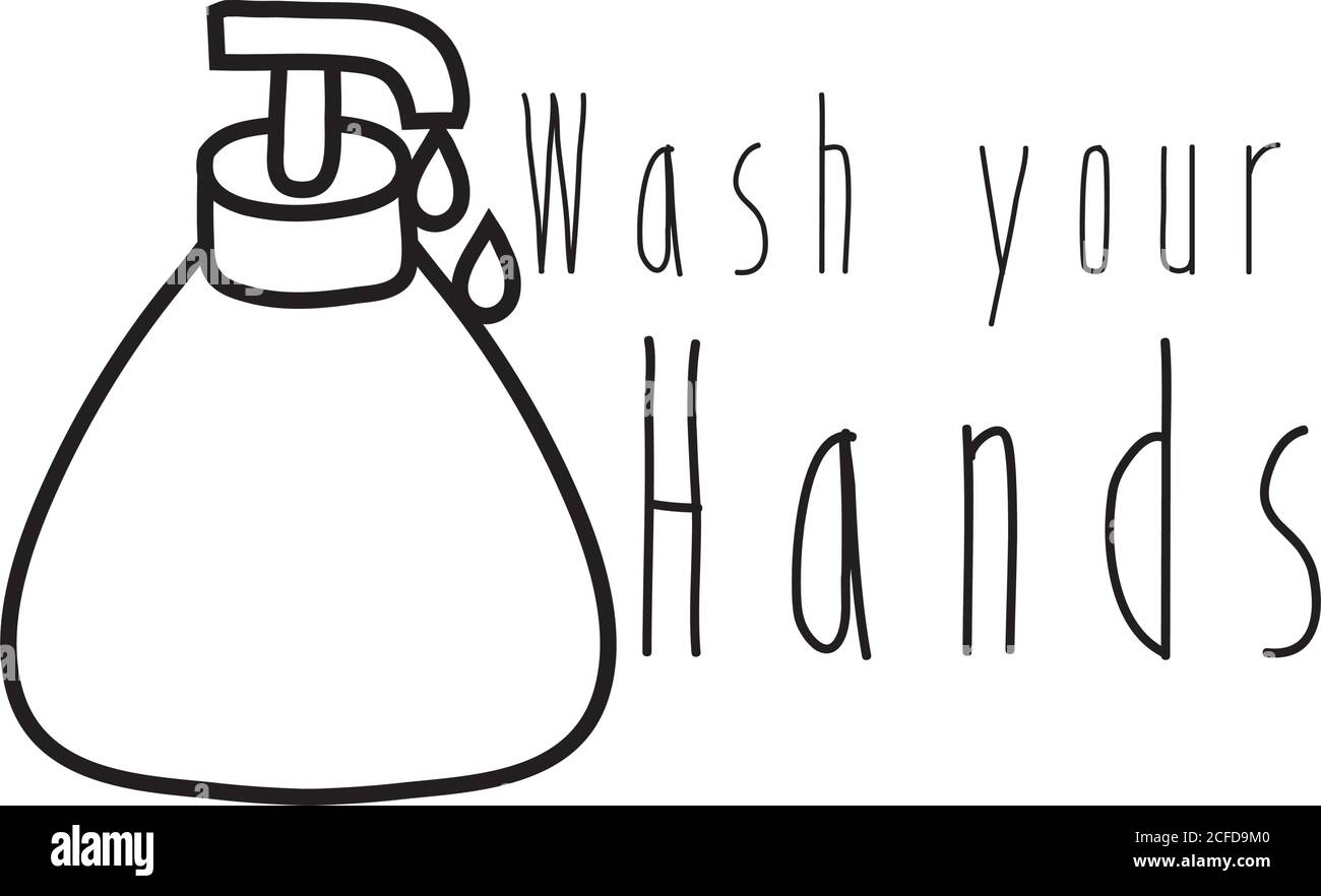 wash your hands campaign lettering with bottle soap line style vector illustration design Stock Vector