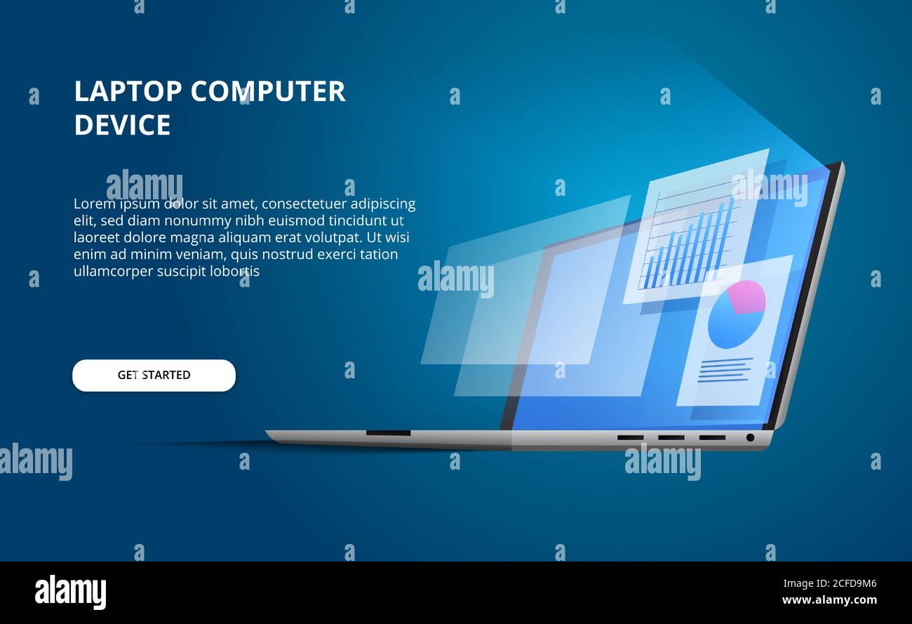 3D isometric perspective open device laptop with glow screen. display computer with infographic and data visualization pie chart stats with blue backg Stock Vector