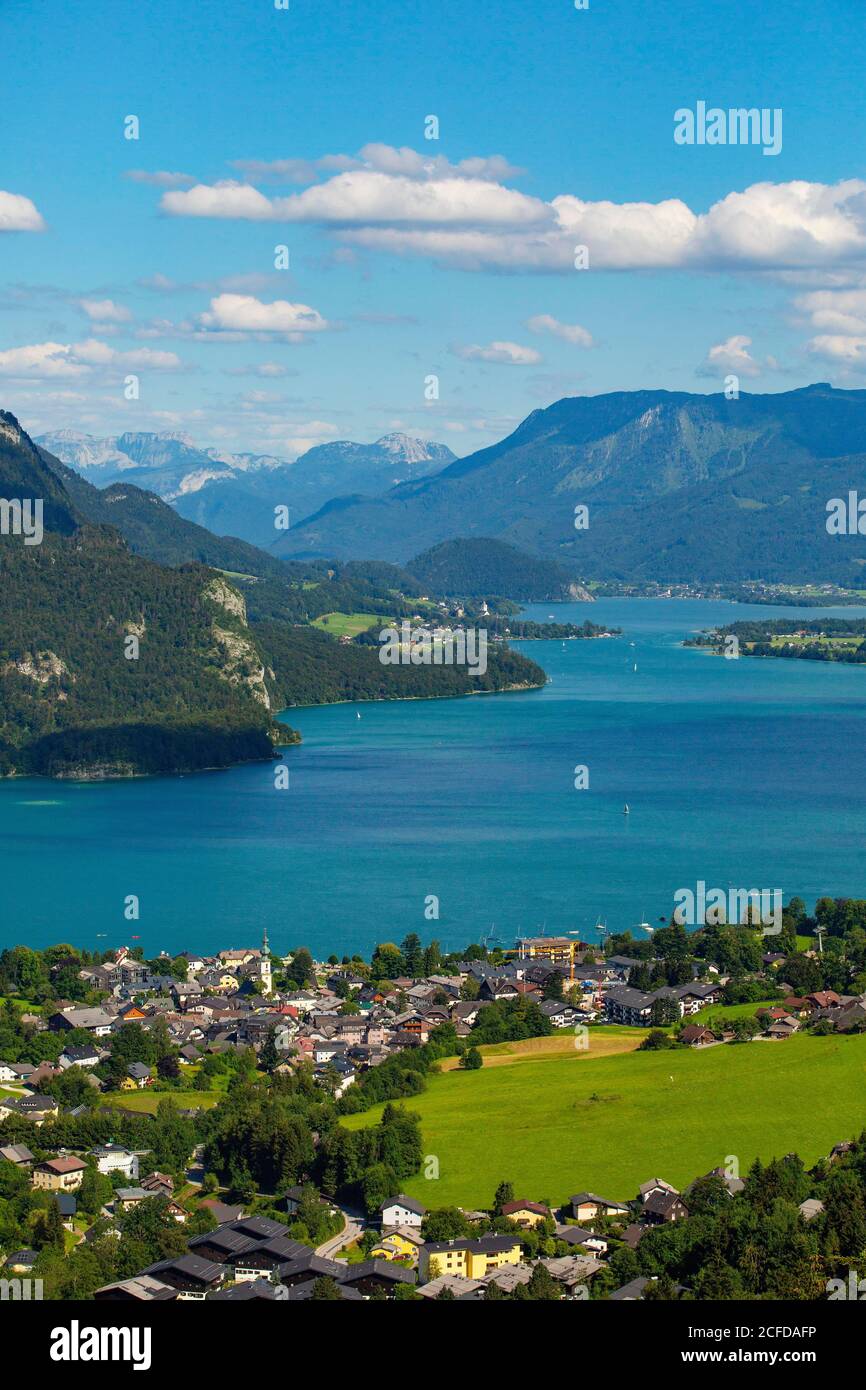 View from the Mozart View of St. Gilgen St. Wolfgang and Lake Wolfgang, Salzkammergut, Province of Salzburg, Austria Stock Photo