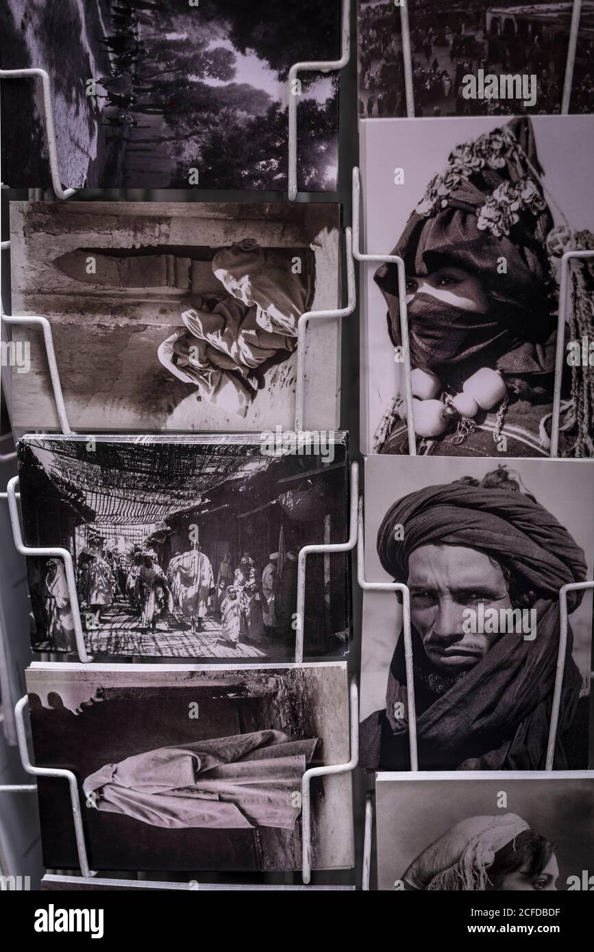 Marrakech, Morocco - October, 22, 2018: Stand of post cards with traditional photos for sell Stock Photo