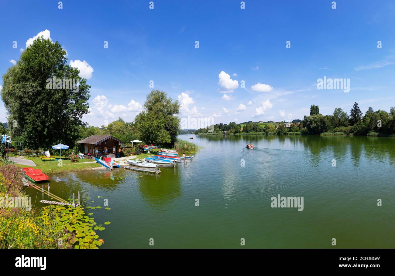 Boat rental at Lake Tachingen near Tettenhausen, Rupertiwinkel, Upper Bavaria, Bavaria, Germany Stock Photo