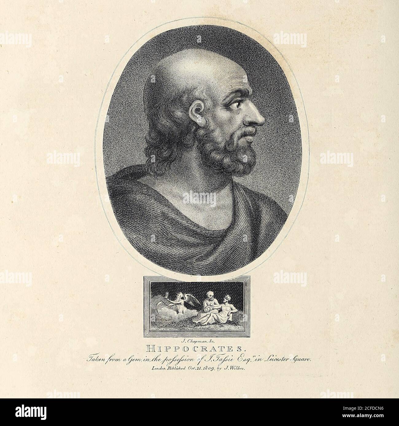 Portrait of Hippocrates Copperplate engraving by John Chapman. [Hippocrates of Kos (c. 460 – c. 370 BC), also known as Hippocrates II, was a Greek physician who is considered one of the most outstanding figures in the history of medicine. He is often referred to as the 'Father of Medicine' in recognition of his lasting contributions to the field as the founder of the Hippocratic School of Medicine]. From the Encyclopaedia Londinensis or, Universal dictionary of arts, sciences, and literature; Volume X;  Edited by Wilkes, John. Published in London in 1811 Stock Photo