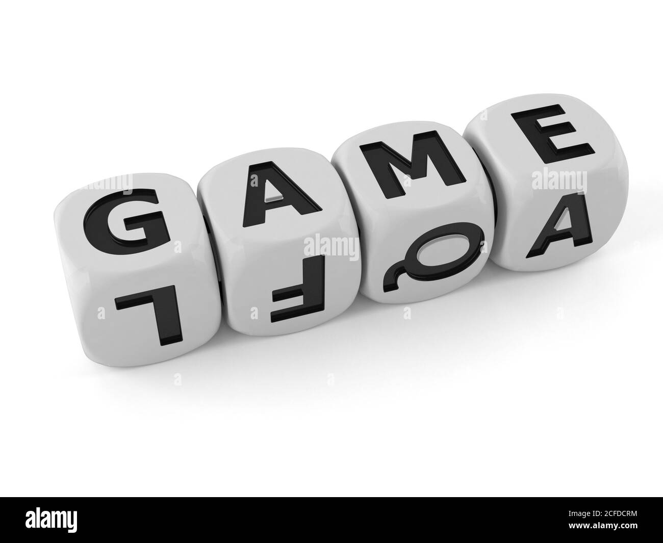 Dice with game text isolated on white background Stock Photo Alamy