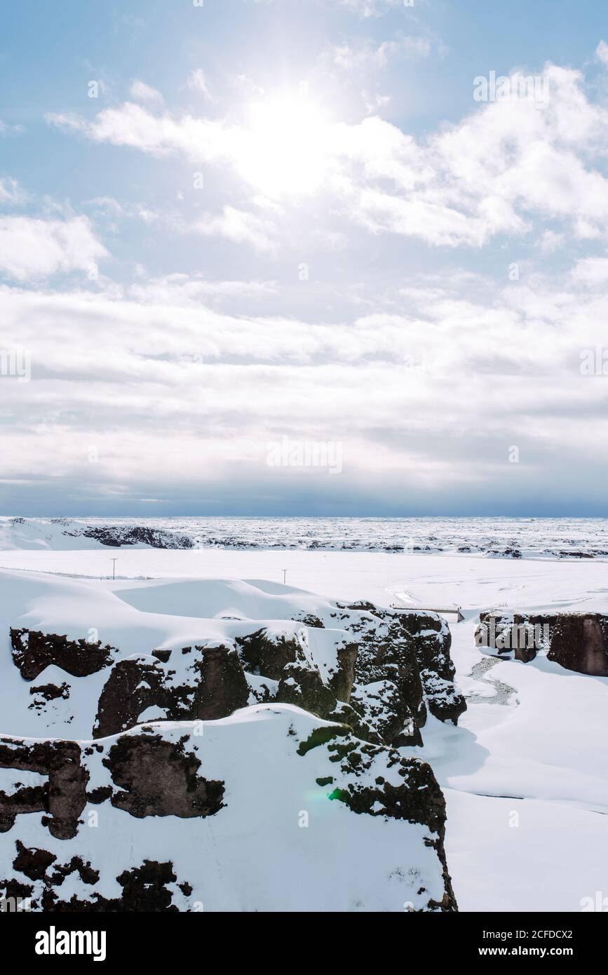 View over the snow-covered Iceland from the Fjaðrárgljúfur gorge Stock Photo
