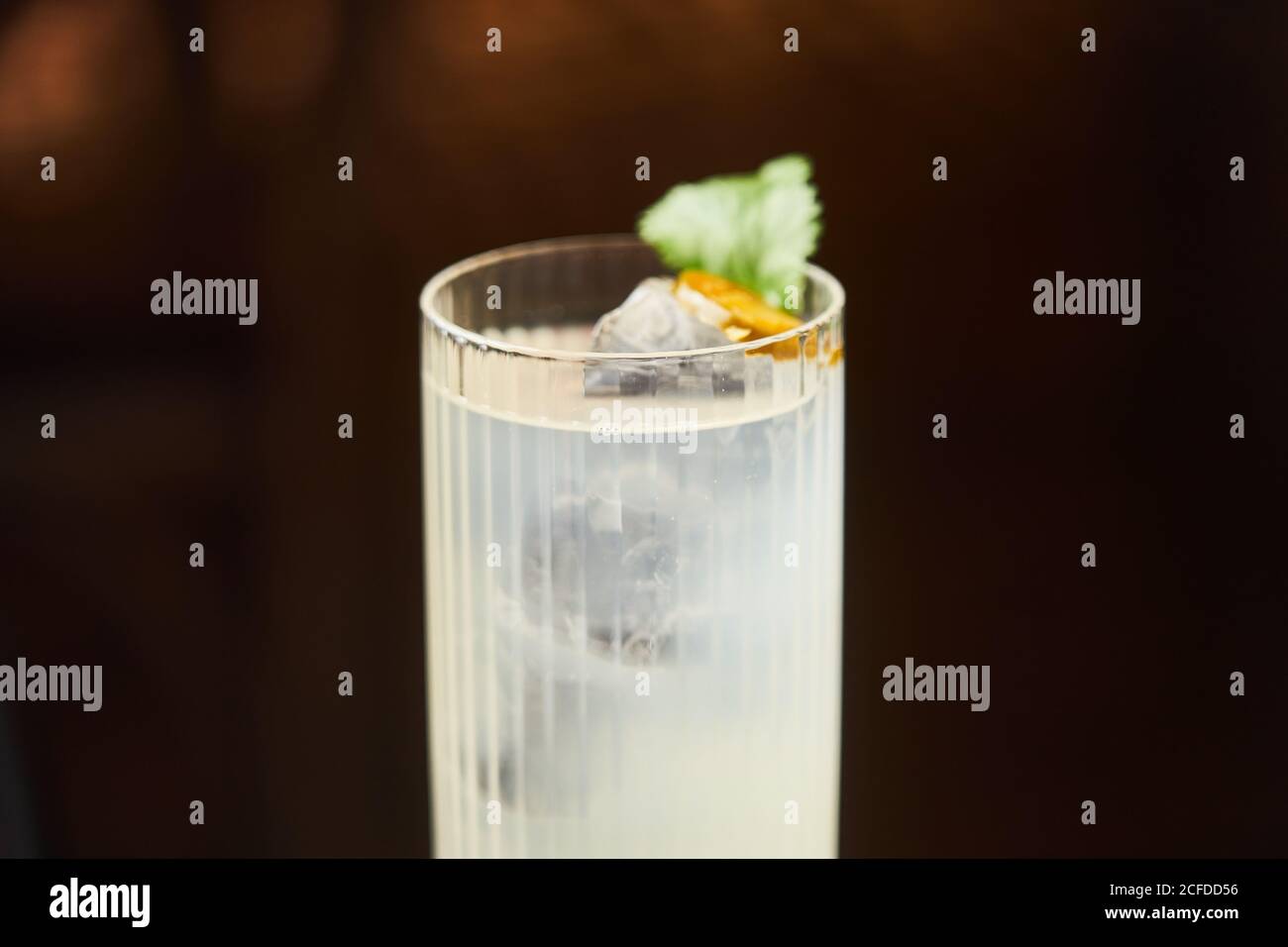 Vodka and tonic alcohol cocktail in highball glass decorated with ice