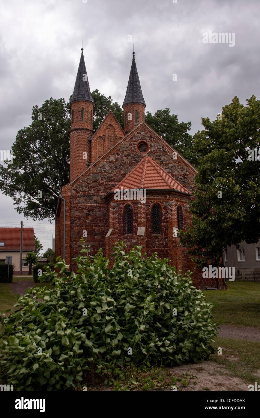 Germany, Saxony-Anhalt, Mahlwinkel, neo-Gothic brick church. Stock Photo
