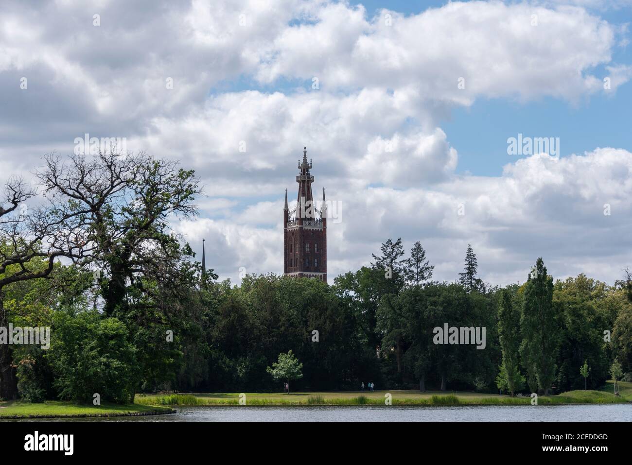 Germany, Saxony-Anhalt, Wörlitz, view of the Wörlitz Garden Realm with Biblical Tower, Unesco World Heritage. Stock Photo